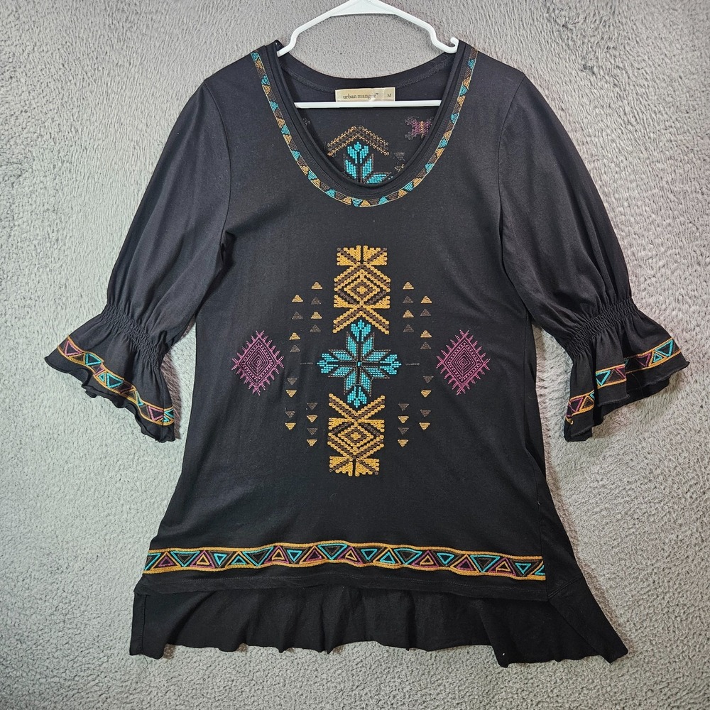 Urban Mangoz Tunic Top Women Medium‎ Embroidered Stretch Black